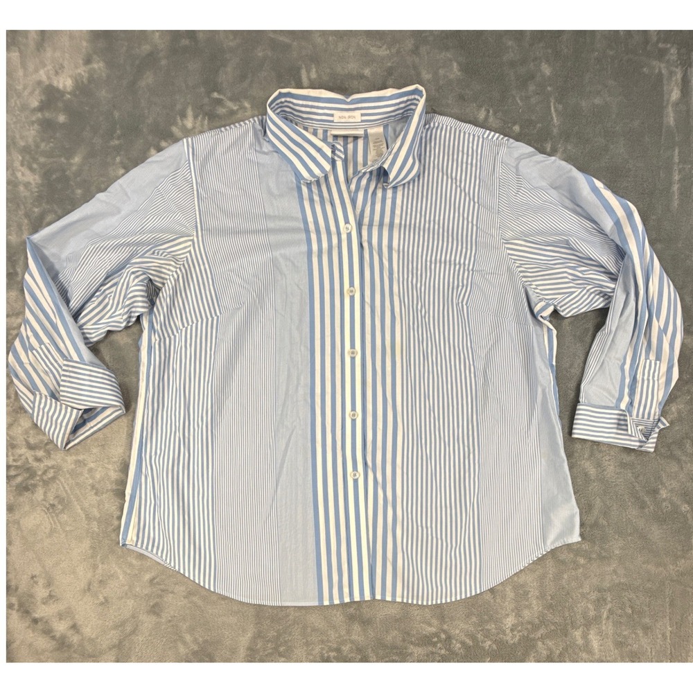 Liz Claiborne Woman Blue White Striped Non-Iron Cotton Blouse Plus 18W Shirt Top